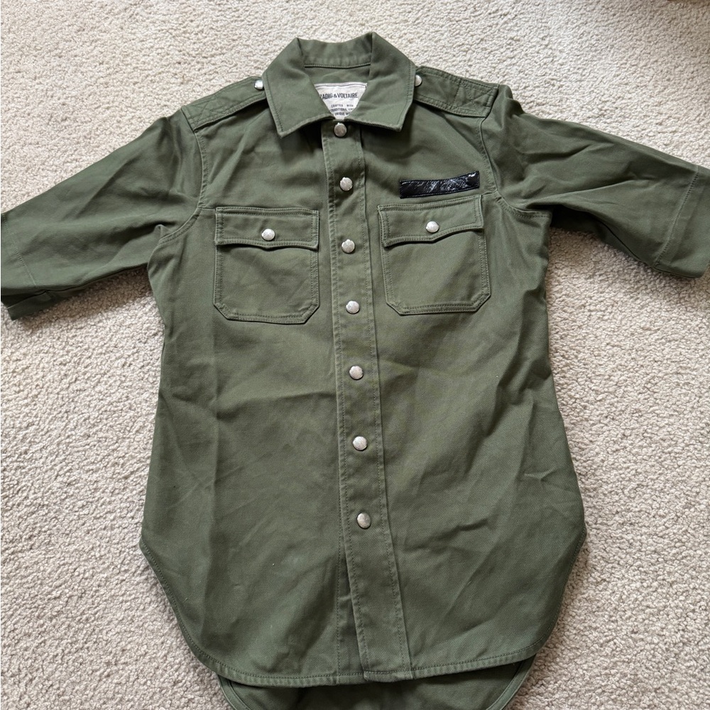 Zadig & Voltaire Short Sleeves Cotton Jacket Women’s Military Green Button Sz XS
